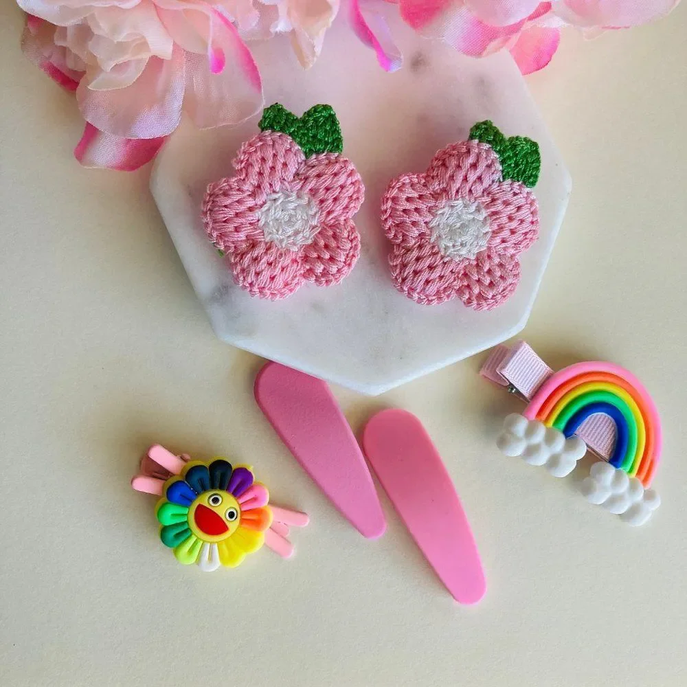 Set of 6 Knit Flower Hair Clip, Pink Snap Clips for Girls & Toddler Barrettes
